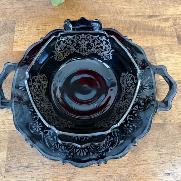 Vintage Black Amethyst Etched Glass Bowl and Plate Set Elegant Art Deco Serving - Picture 4 of 7